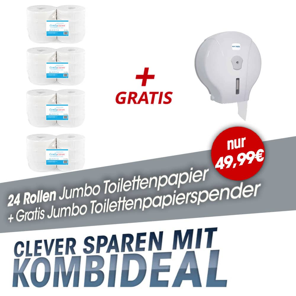 Kombideal 24 Jumbo Toilettenpapier Rollen + Gratis Mini Jumbo Toilettenpapierspender