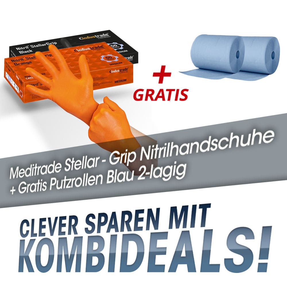 Kombideal Meditrade - Stellar-Grip Nitrilhandschuhe + Gratis Putzrollen Blau 2-lagig