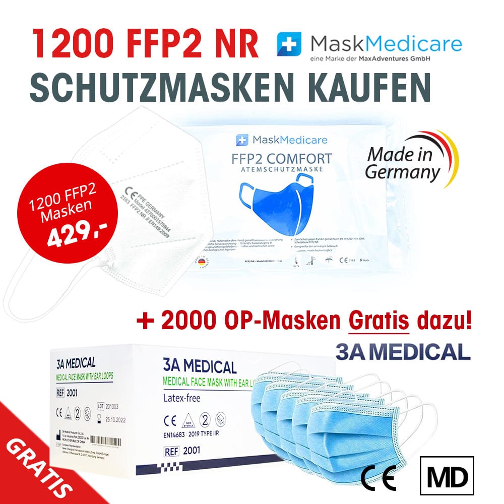 1200 FFP2 NR Masken aus deutscher Produktion kaufen und 2000 OP-Masken Gratis dazu (nur für kurze Zeit)