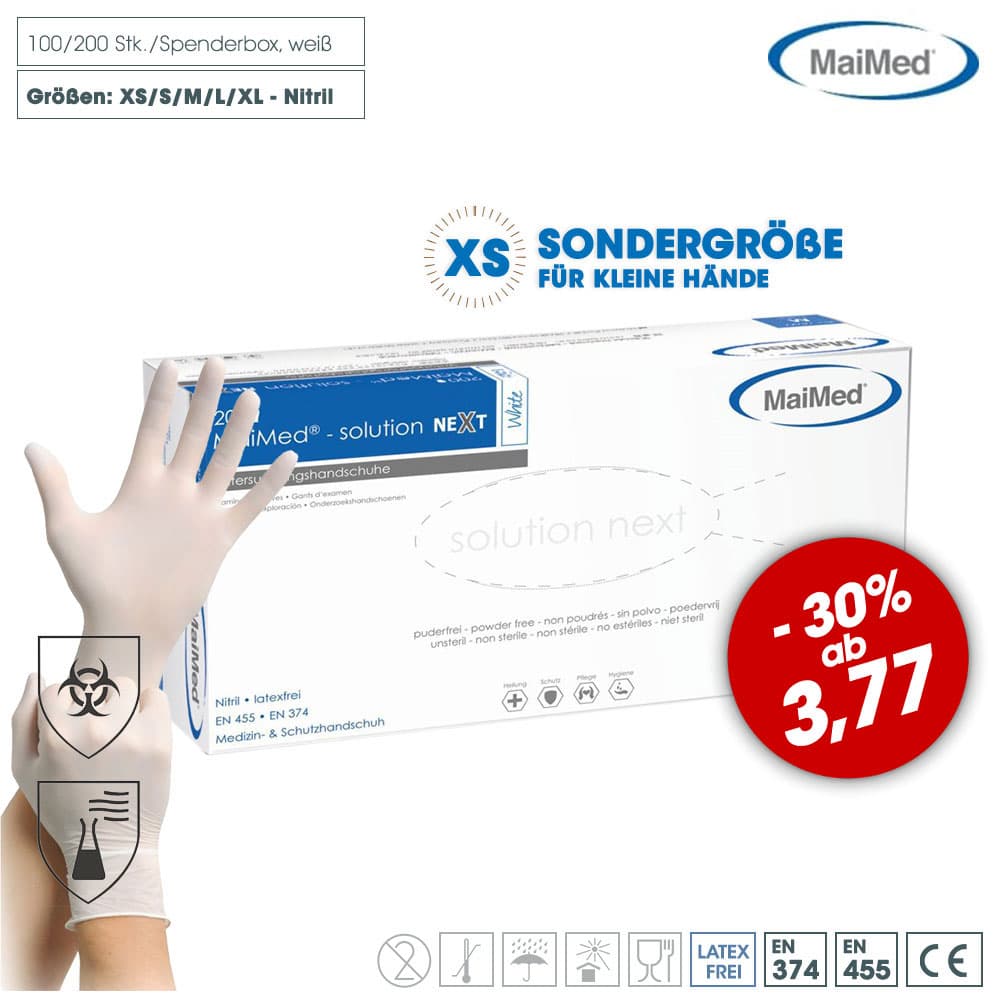 MaiMed Solution PF Nitril weiß - Untersuchungshandschuhe - 100/200er Box (XS, S, M, L, XL)