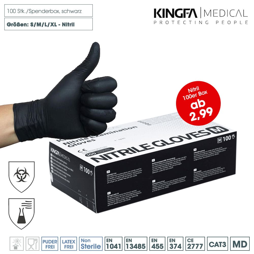 Kingfa-Medical Nitril Medizinische-Untersuchungshandschuhe CAT3 – schwarz, ungepudert