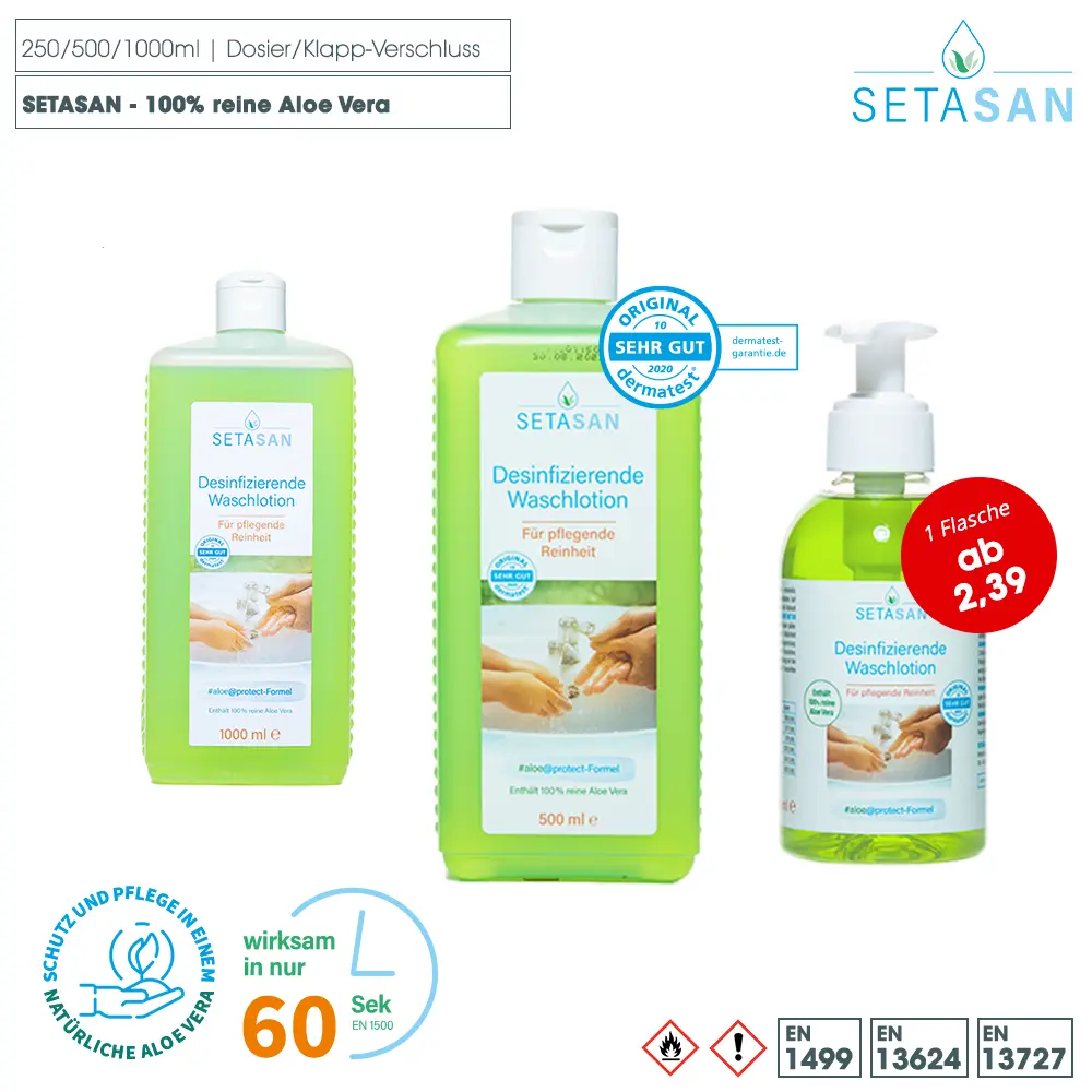 SETASAN Desinfizierende Waschlotion mit 100% echte Aloe Vera (Dosier/Klapp-Verschluss)