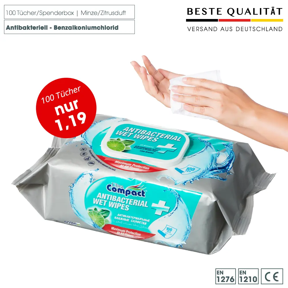 Ultra Compact
Desinfektionstücher, Minze-Zitrusduft