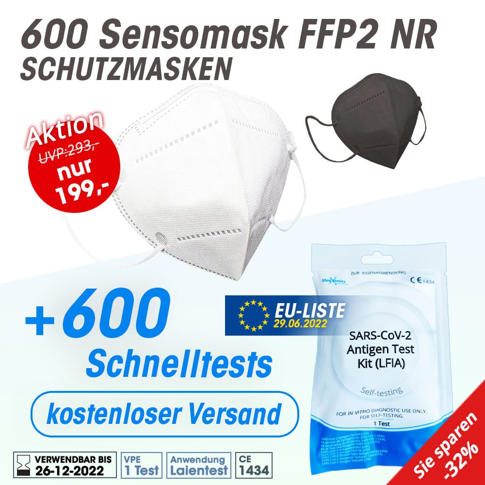 Aktion -32% | 600 Sensomask FFP2 NR + 600 Medomics Antigen-Schnelltests | kostenloser Versand