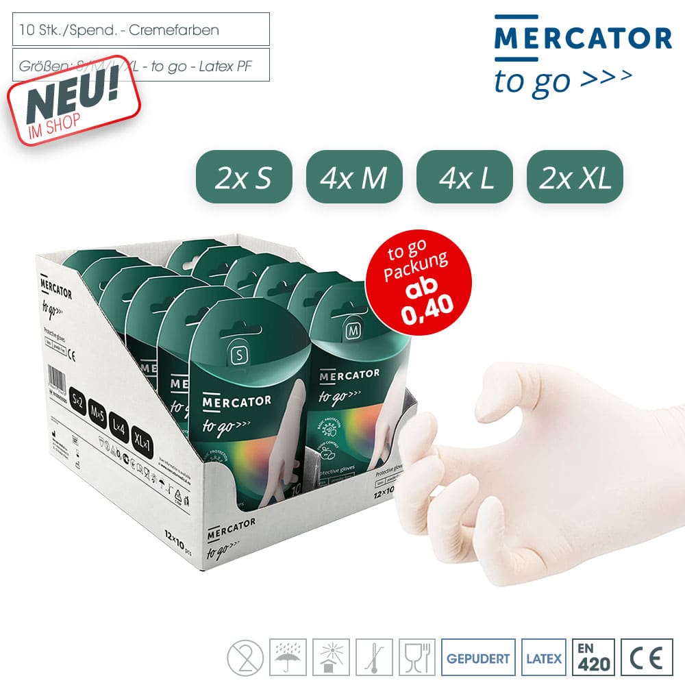 MERCATOR to go - Latex PF Schutzhandschuhe im Display mit gemischten Größen - gepudert