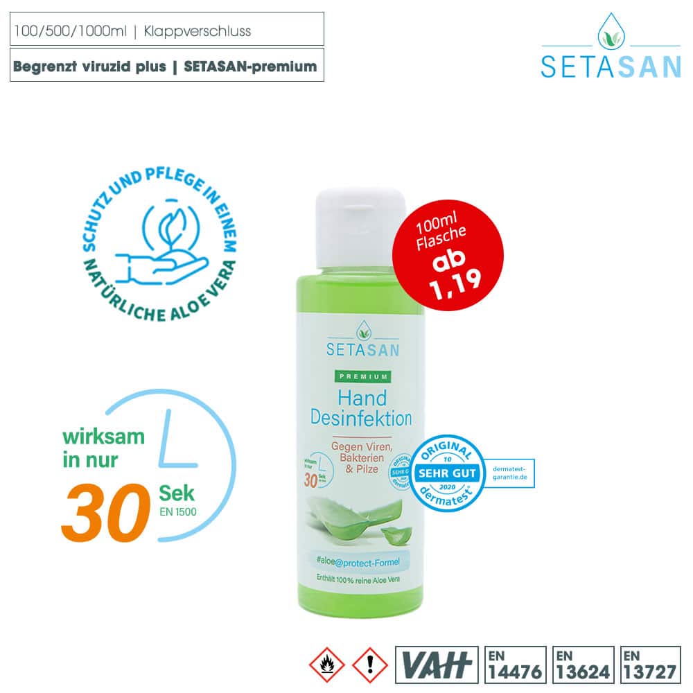 SETASAN premium Handdesinfektion - 100% echte Aloe Vera (100ml Dosier/Klapp-Verschluss - Kittelflasche)