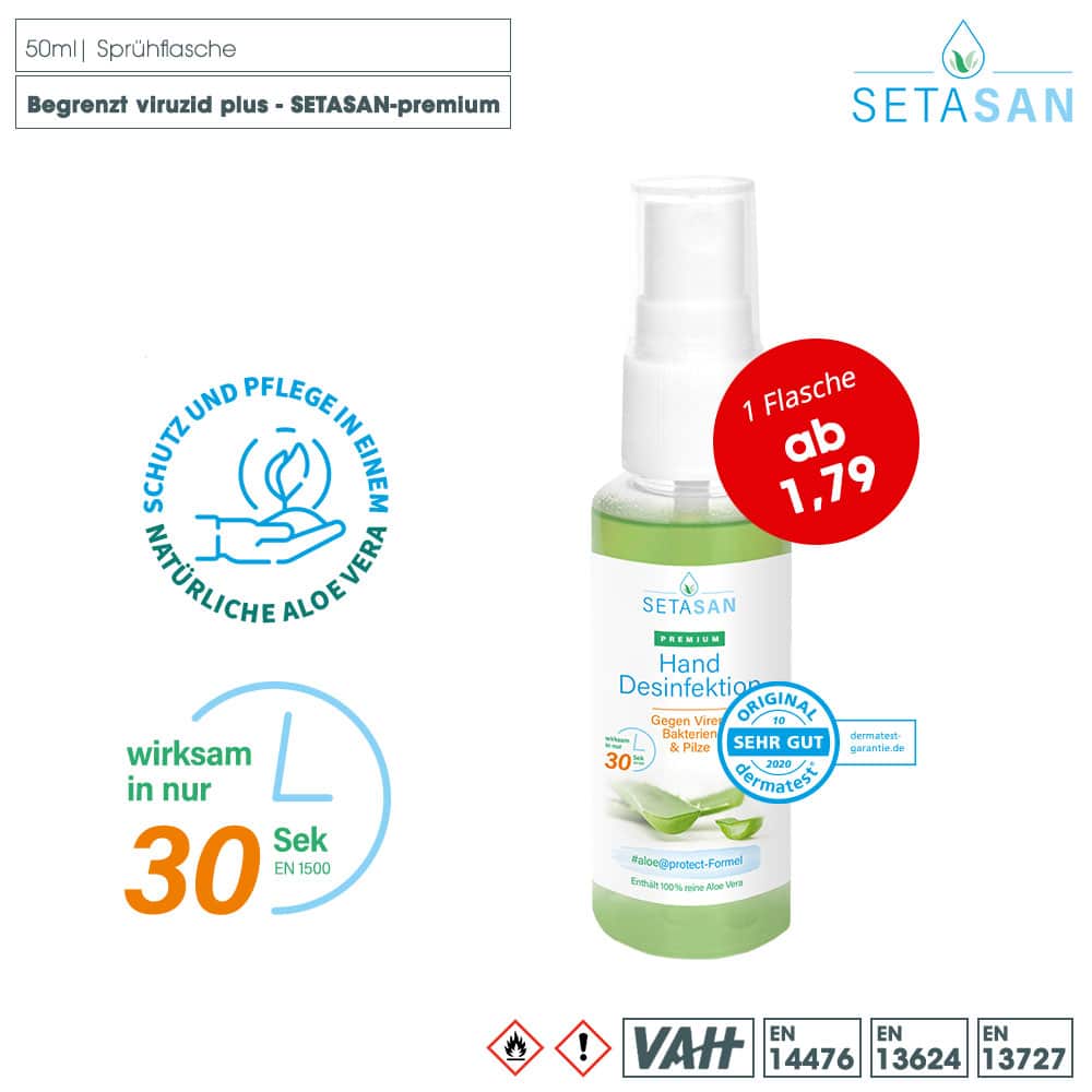 SETASAN premium Handdesinfektion - 100% echte Aloe Vera (50ml Sprüh/Kittelflasche)