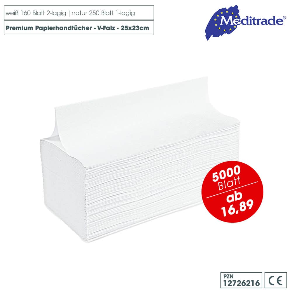 Meditrade Premium Papierhandtücher, V-Falz, 1 und 2-lagig - weiß, natur, Recycling