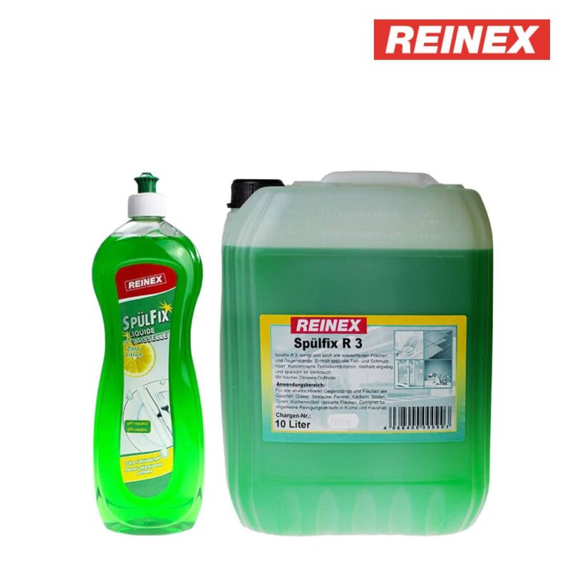 REINEX Spülfix R3 Zitro, 10L Flasche, kraftvolles Spülmittel mit frischem Zitronenduft, entfernt mühelos Fett & Schmutz, sanft zur Haut, ergiebig (1000ml reichen für 500 Spülgänge).