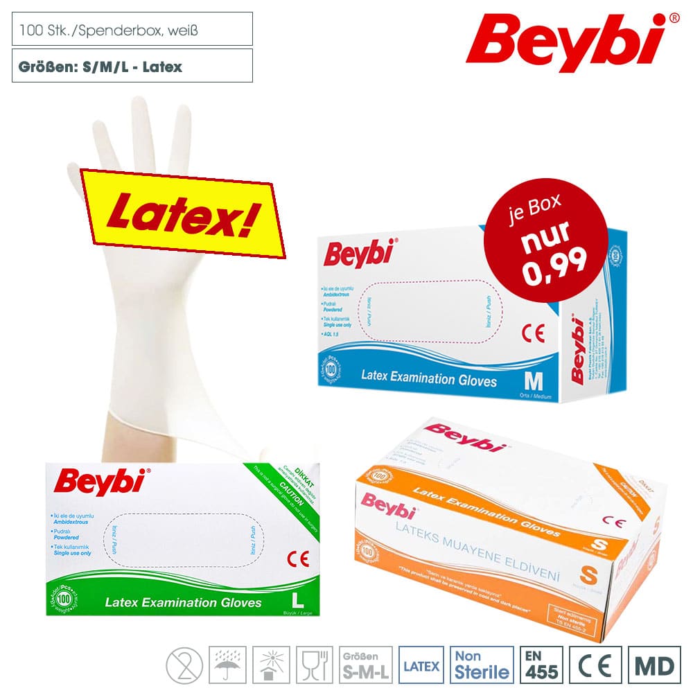 Beybi Latex Einmalhandschuhe gepudert – geeignet für Pflege, Hygiene, Labor, Lebensmittel, 100er Spenderbox