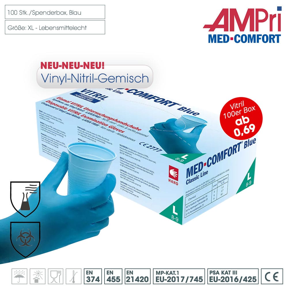 Ampri Med-Comfort Vitrilhandschuhe (Vinyl-Nitril-Gemisch) puderfrei, latexfrei - Große XL