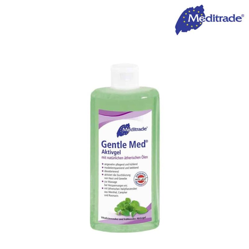 Flasche mit 500 ml Gentle Med antiseptischem Handgel mit Minzblättern auf weißem Hintergrund.