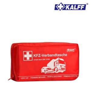 KFZ-Verbandtasche "standard" rot mit 4-Kammer-Innentasche Die Tasche enthält verschiedene medizinische Hilfsmittel für die Erstversorgung im Straßenverkehr.