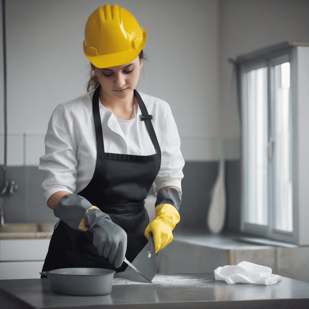 Eine Frau steht an einer Groß Küche mit weisem Hemd und schwarzer schürze und einem Gelben Bauhelm und schnittfesten Arbeit Handschuhe und schneidend eine Folie